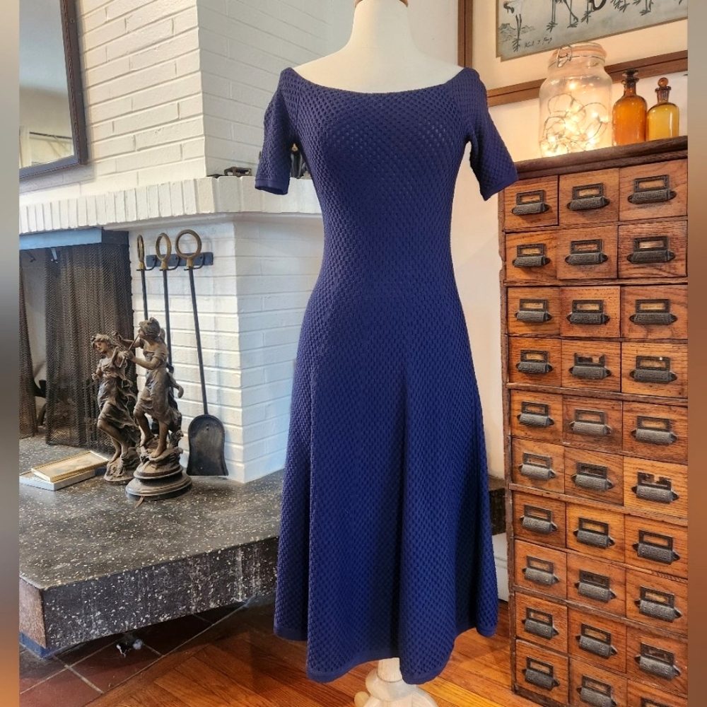 Michael Kors Navy Boat Neck Eyelet Midi Dress Size Medium
